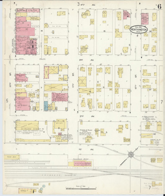 Sanborn Fire Insurance Map from Worthington, Nobles County, Minnesota (1913), Sheet #0006 - Historic Sanborn Fire Insurance Map Print, vintage old map wall art, antique decor, genealogy gift, Minnesota Minnesota map