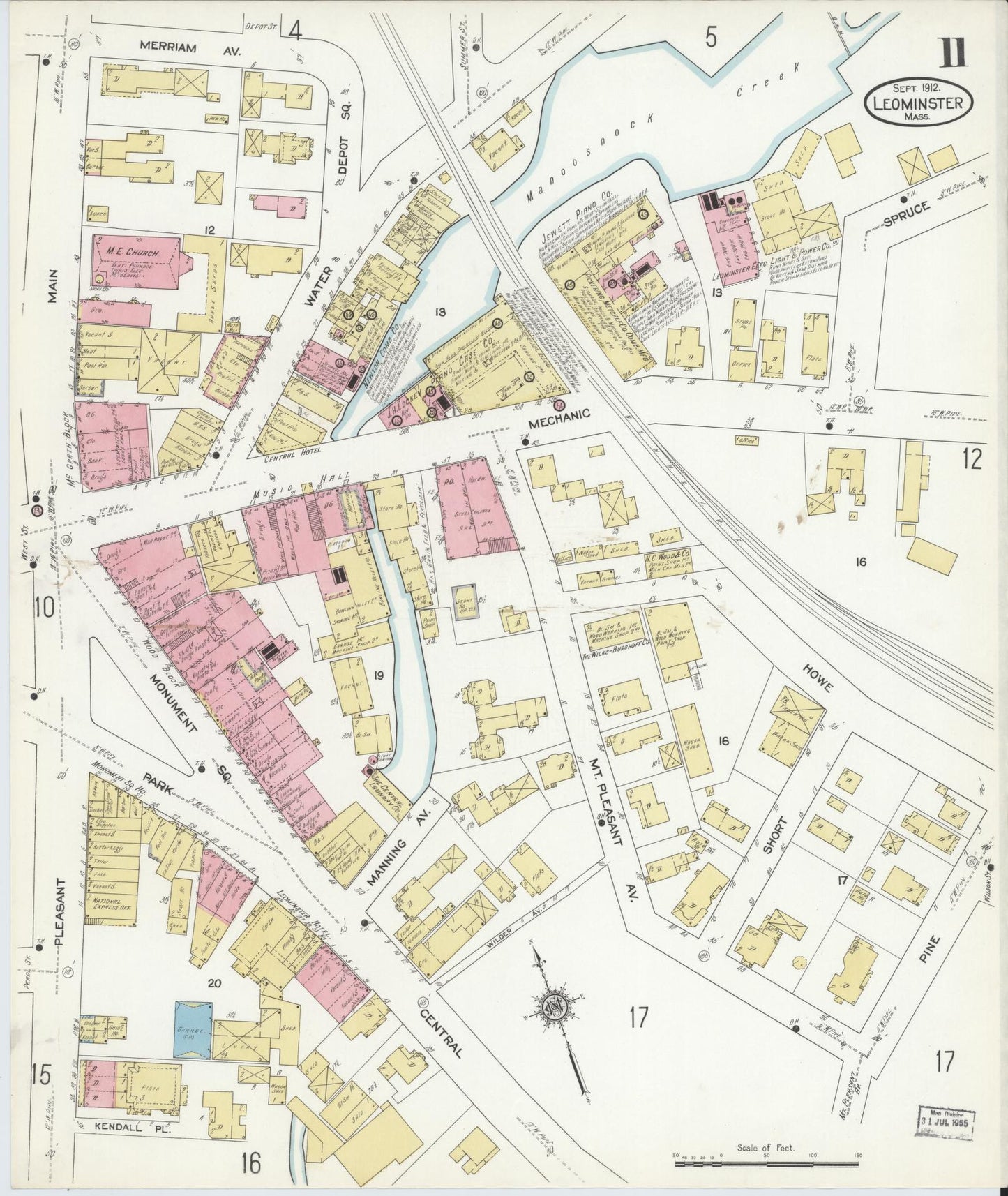 Sanborn Fire Insurance Map from Leominster, Worcester County, Massachusetts (1912), Sheet #0011 - Complete Map Set gallery image, historic Sanborn map, vintage wall art, Massachusetts Massachusetts