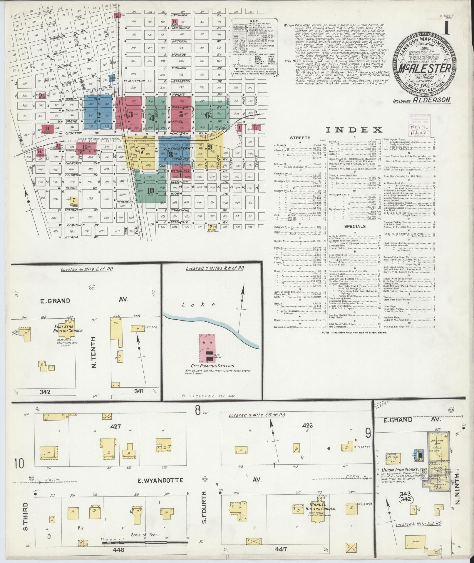 Sanborn Fire Insurance Map from McAlester, Pittsburg County, Oklahoma (1908), Sheet #0001 - Historic Sanborn Fire Insurance Map Print, vintage old map wall art, antique decor, genealogy gift, Oklahoma Oklahoma map
