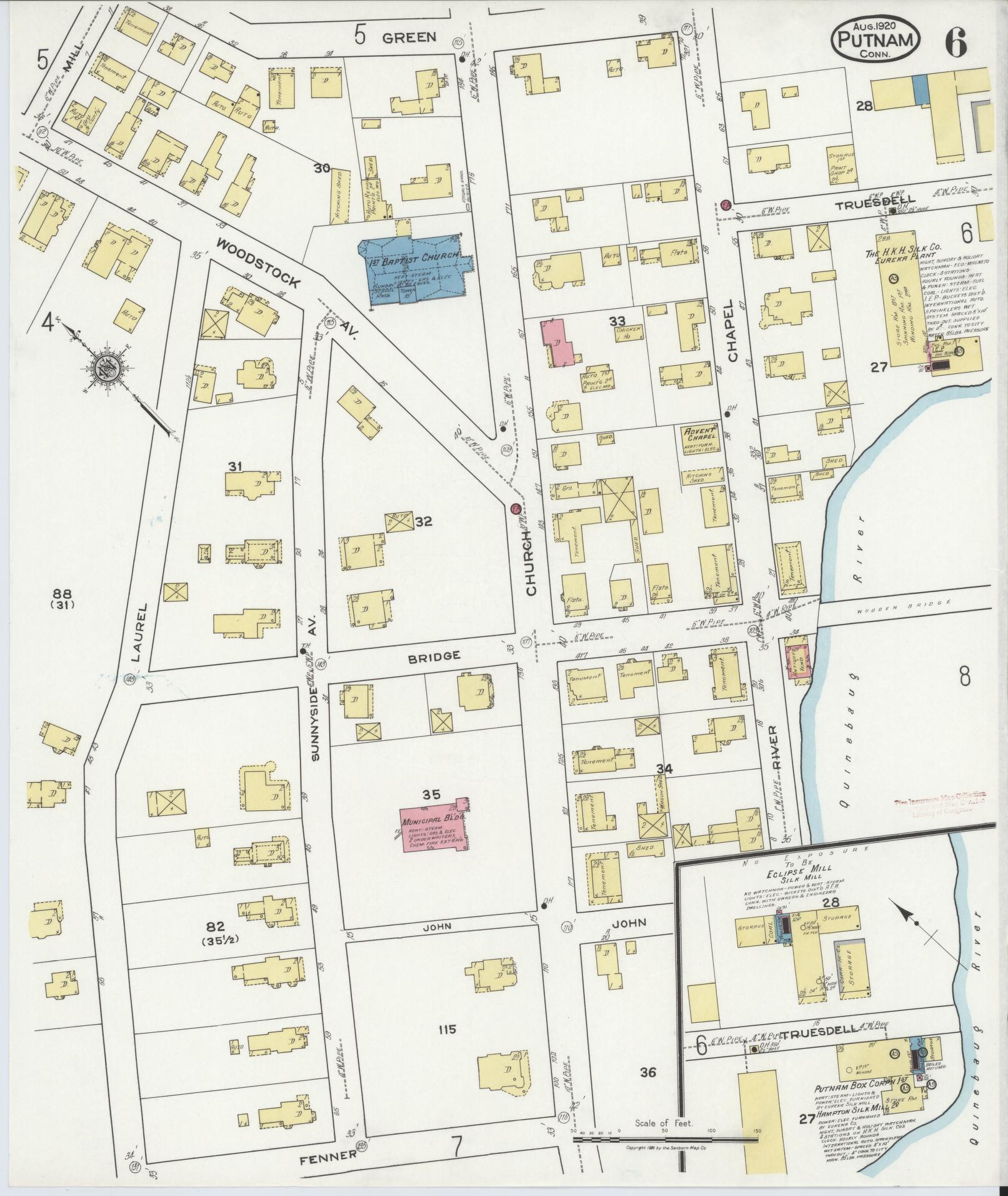Sanborn Fire Insurance Map from Putnam, Windham County, Connecticut (1920), Sheet #0006 - Complete Map Set gallery image, historic Sanborn map, vintage wall art, Connecticut Connecticut