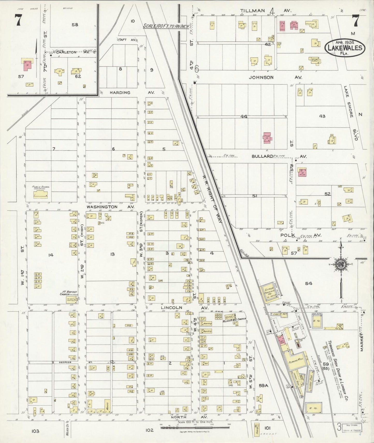 Sanborn Fire Insurance Map from Lake Wales, Polk County, Florida (1924), Sheet #0007 - Complete Map Set gallery image, historic Sanborn map, vintage wall art, Florida Florida
