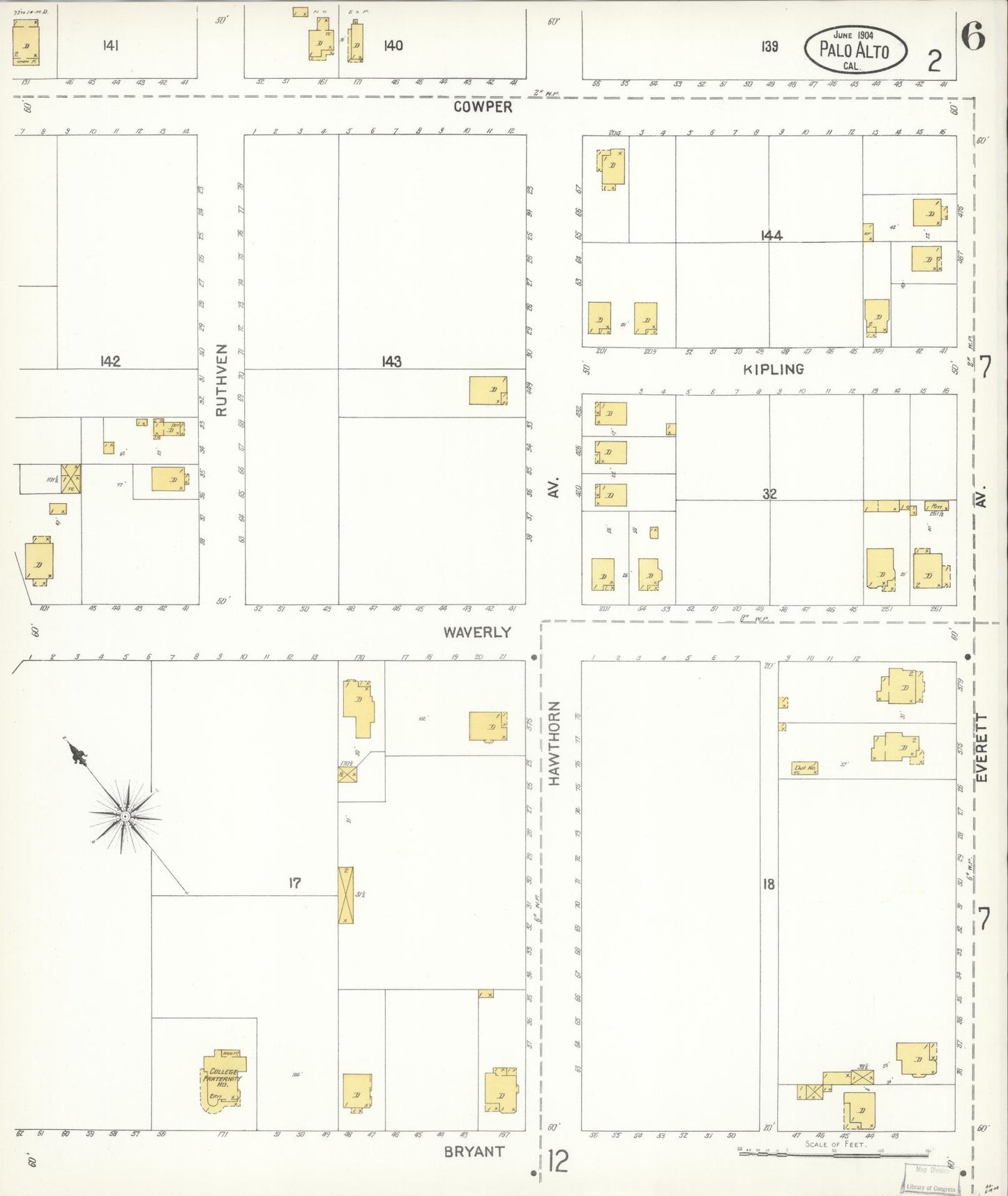 Sanborn Fire Insurance Map from Palo Alto, Santa Clara County, California (1904), Sheet #0006 - Complete Map Set gallery image, historic Sanborn map, vintage wall art, California California