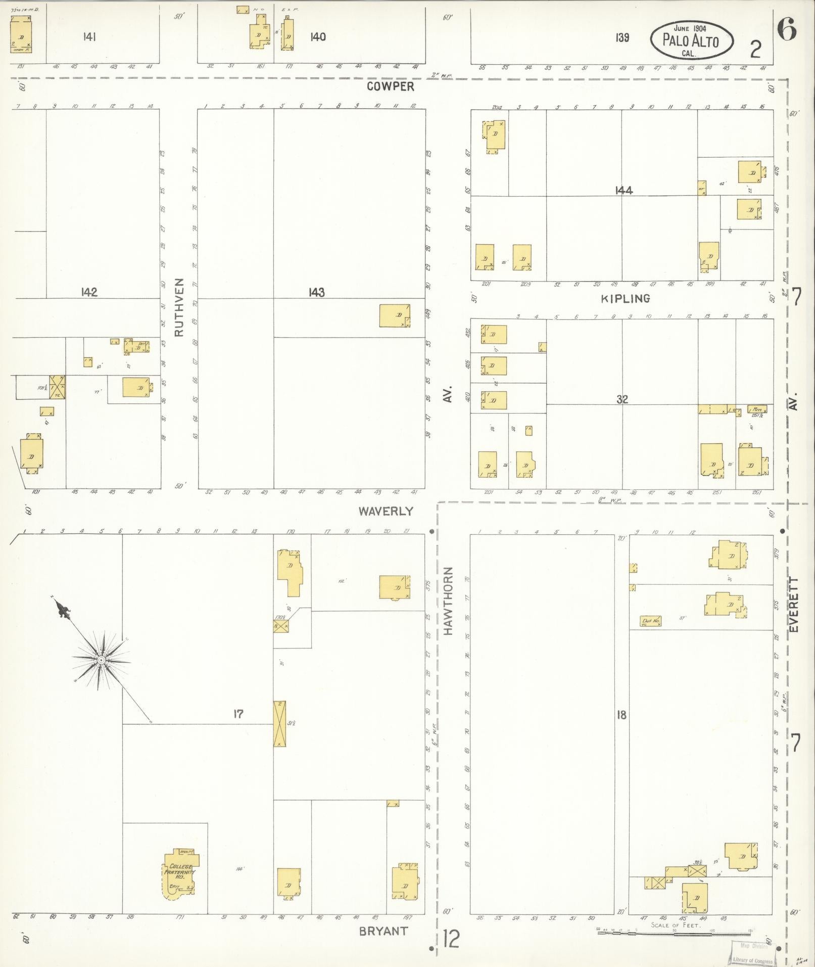 Sanborn Fire Insurance Map from Palo Alto, Santa Clara County, California (1904), Sheet #0006 - Complete Map Set gallery image, historic Sanborn map, vintage wall art, California California
