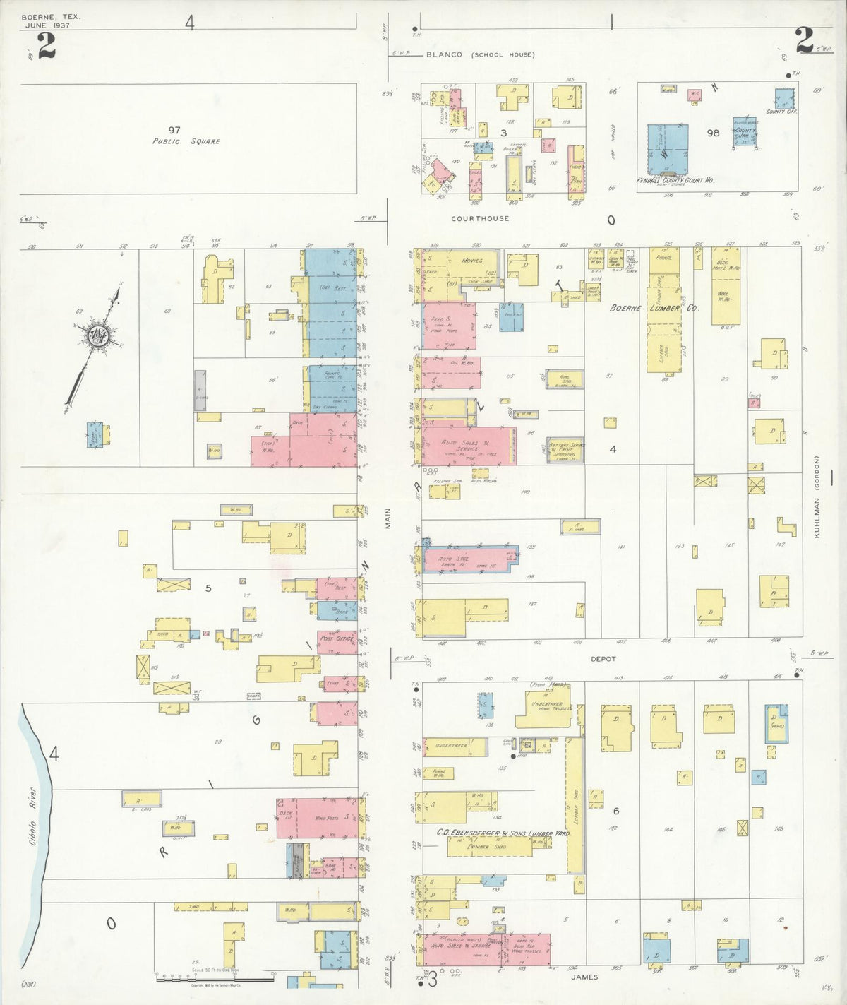 Sanborn Fire Insurance Map from Boerne, Kendall County, Texas (1937), Sheet #0002 - Complete Map Set gallery image, historic Sanborn map, vintage wall art, Texas Texas