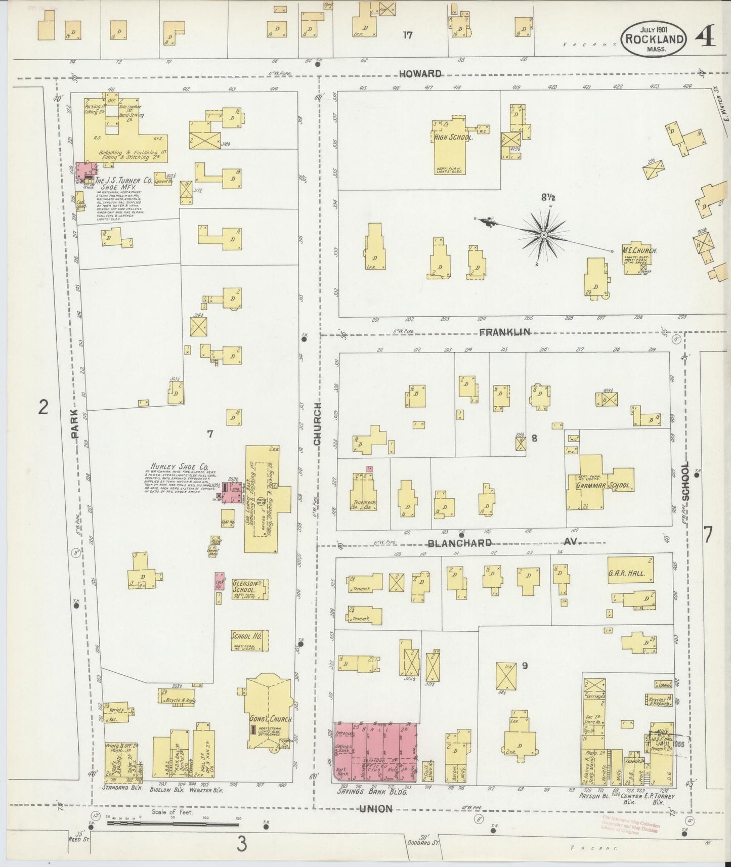 Sanborn Fire Insurance Map from Rockland, Plymouth County, Massachusetts (1901), Sheet #0004 - Complete Map Set gallery image, historic Sanborn map, vintage wall art, Massachusetts Massachusetts