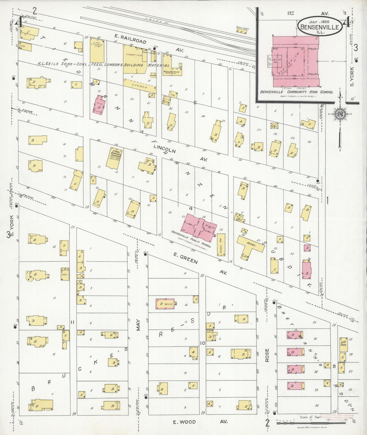 Sanborn Fire Insurance Map from Bensenville, Dupage County, Illinois (1926), Sheet #0004 - Historic Sanborn Fire Insurance Map Print, vintage old map wall art, antique decor, genealogy gift, Illinois Illinois map