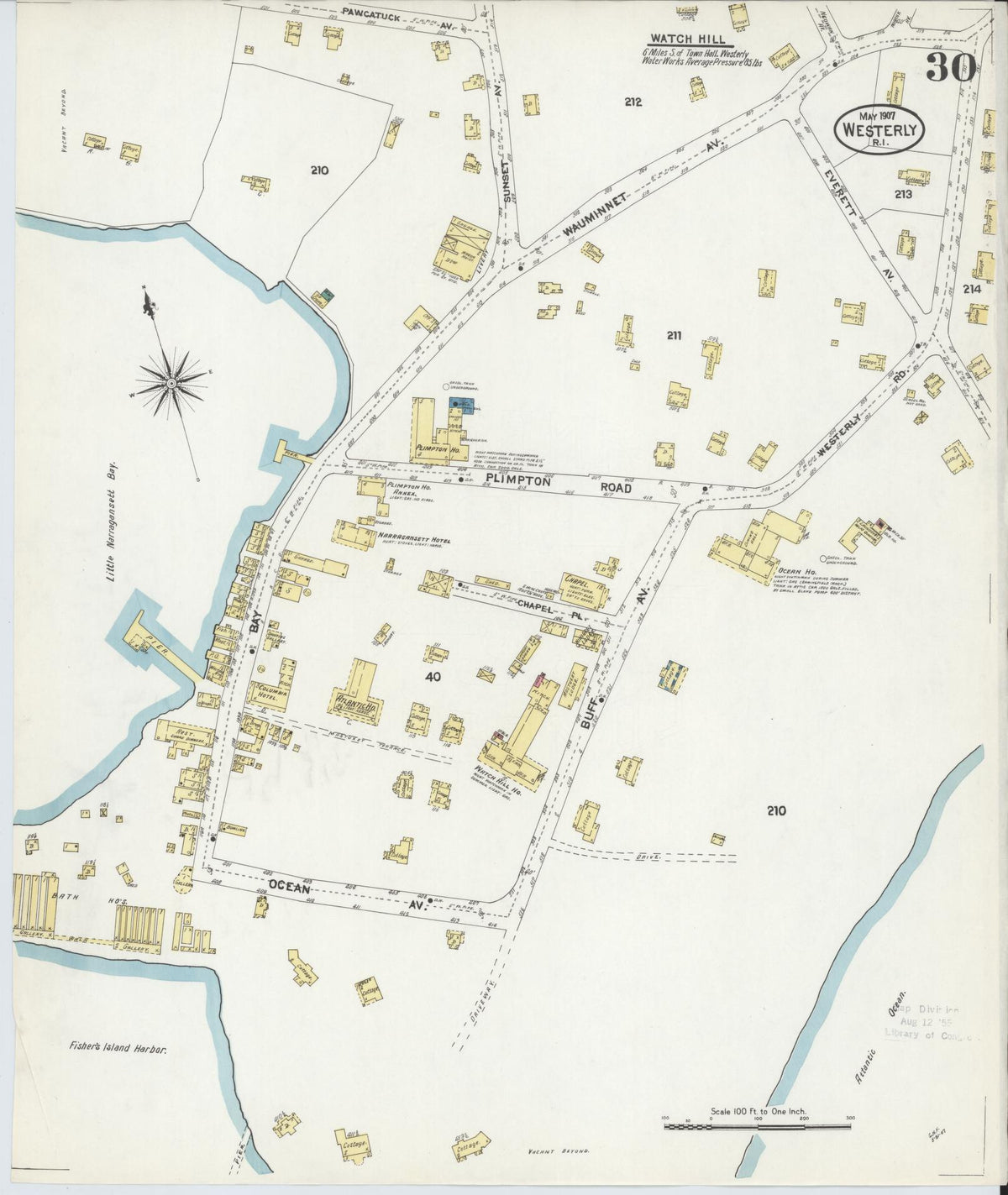 Sanborn Fire Insurance Map from Westerly, Washington County, Rhode Island (1907), Sheet #0030 - Historic Sanborn Fire Insurance Map Print, vintage old map wall art, antique decor, genealogy gift, Rhode Island Rhode Island map
