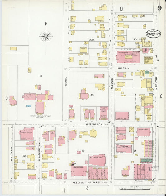 Sanborn Fire Insurance Map from Staunton, Independent Cities, Virginia (1904), Sheet #0009 - Historic Sanborn Fire Insurance Map Print, vintage old map wall art, antique decor, genealogy gift, Virginia Virginia map