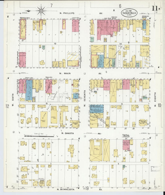 Sanborn Fire Insurance Map from Sioux Falls, Minnehaha County, South Dakota (1908), Sheet #0011 - Historic Sanborn Fire Insurance Map Print, vintage old map wall art, antique decor, genealogy gift, South Dakota South Dakota map
