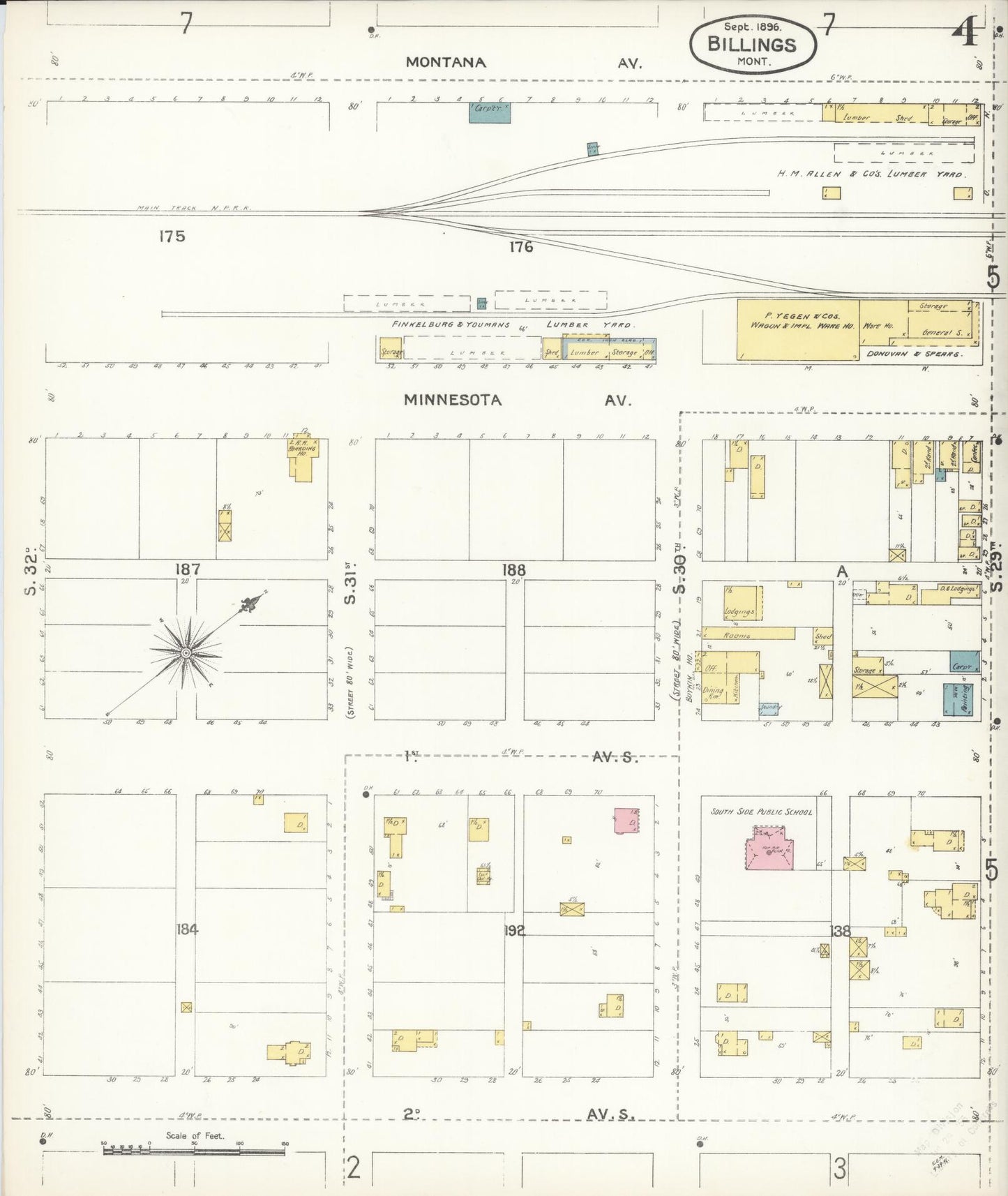 Sanborn Fire Insurance Map from Billings, Yellowstone County, Montana (1896), Sheet #0004 - Complete Map Set gallery image, historic Sanborn map, vintage wall art, Montana Montana