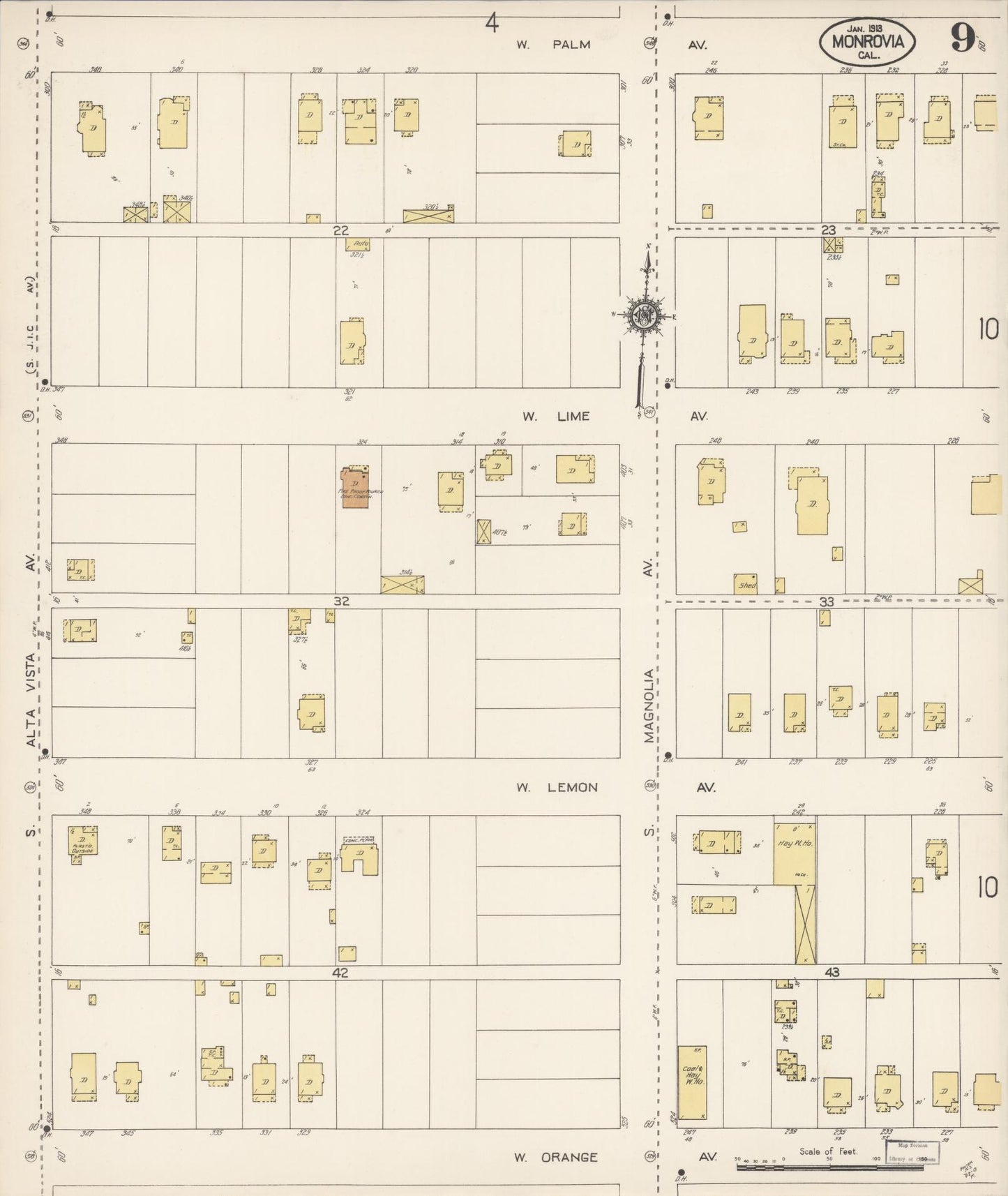 Sanborn Fire Insurance Map from Monrovia, Los Angeles County, California (1913), Sheet #0009 - Historic Sanborn Fire Insurance Map Print, vintage old map wall art, antique decor, genealogy gift, California California map
