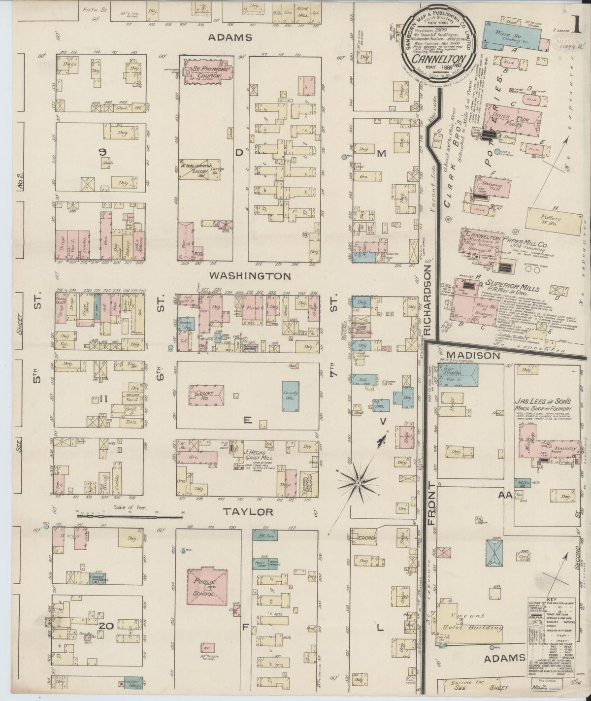 Sanborn Fire Insurance Map from Cannelton, Perry County, Indiana (1886), Sheet #0001 - Historic Sanborn Fire Insurance Map Print, vintage old map wall art, antique decor, genealogy gift, Indiana Indiana map