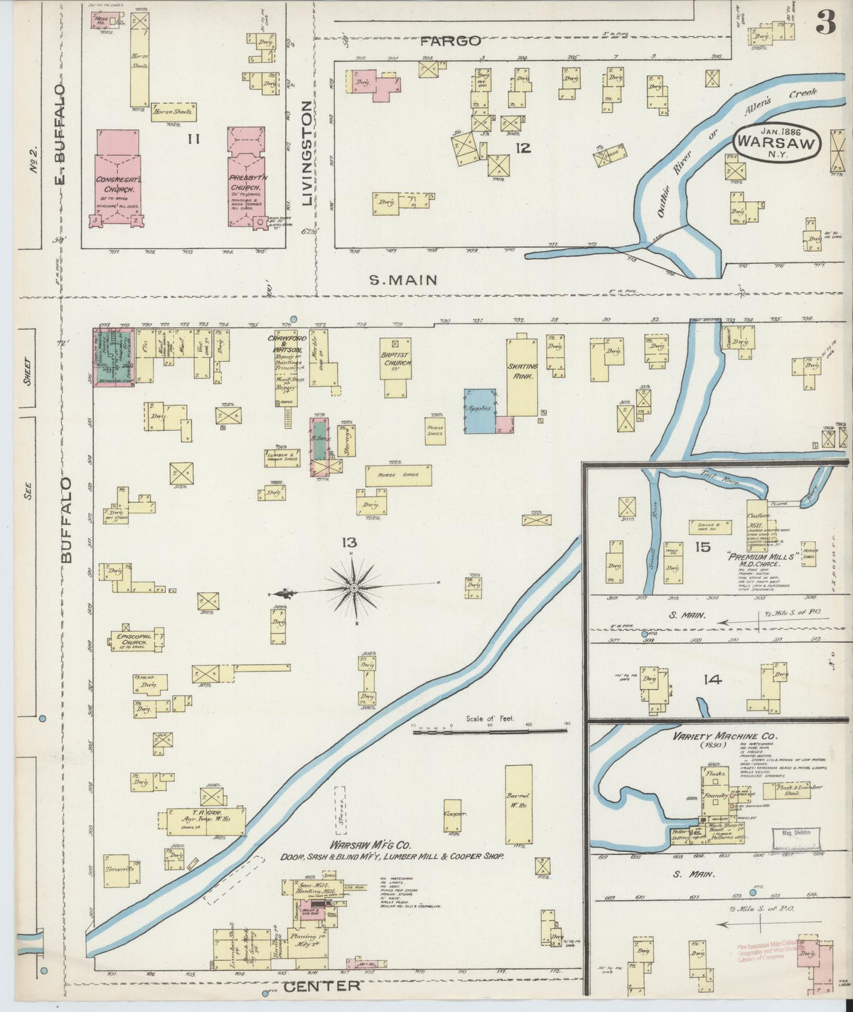 Sanborn Fire Insurance Map from Warsaw, Wyoming County, New York (1886), Sheet #0003 - Historic Sanborn Fire Insurance Map Print, vintage old map wall art, antique decor, genealogy gift, Warsaw Wyoming map