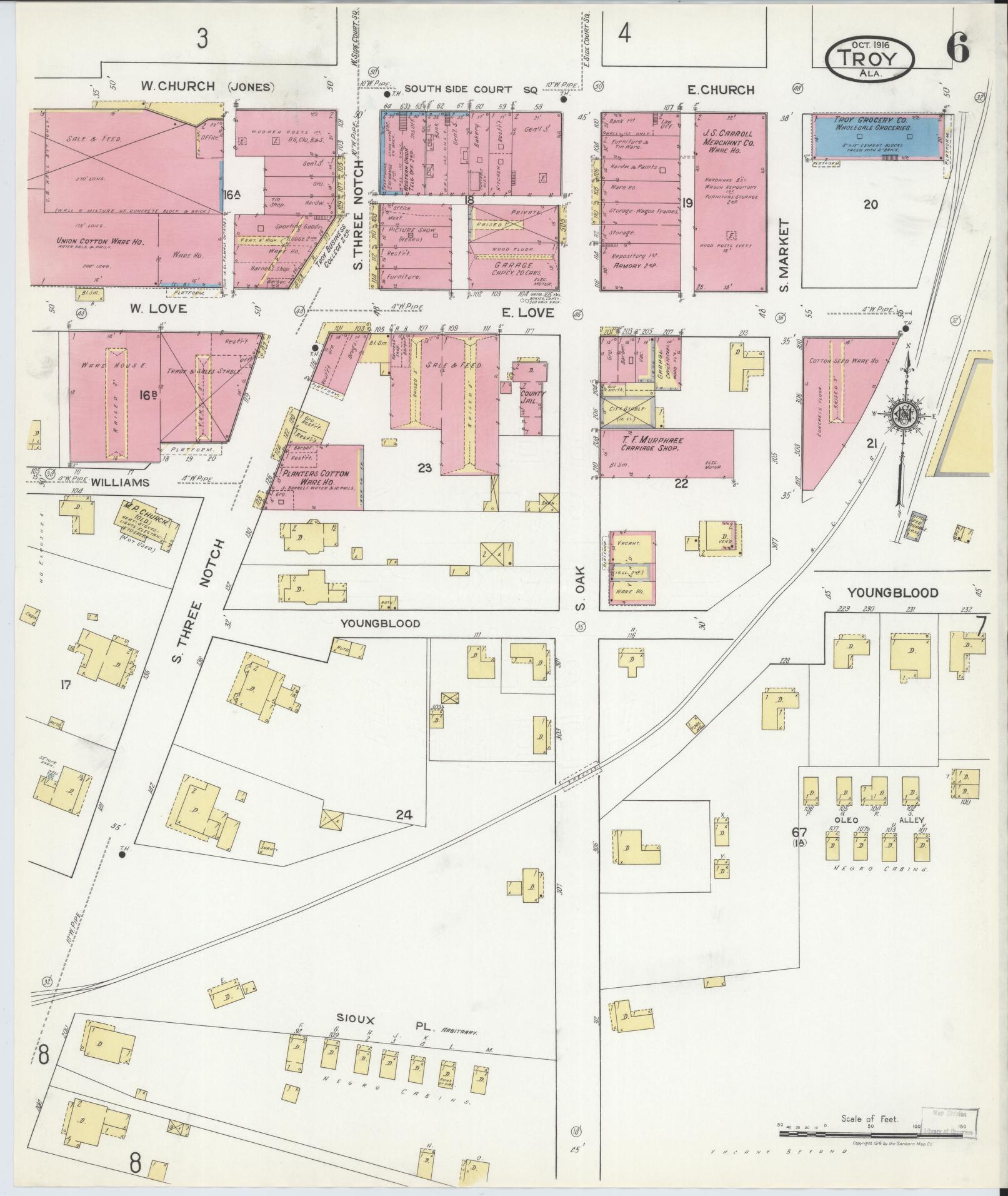Sanborn Fire Insurance Map from Troy, Pike County, Alabama (1916), Sheet #0006 - Historic Sanborn Fire Insurance Map Print, vintage old map wall art, antique decor, genealogy gift, Alabama Alabama map
