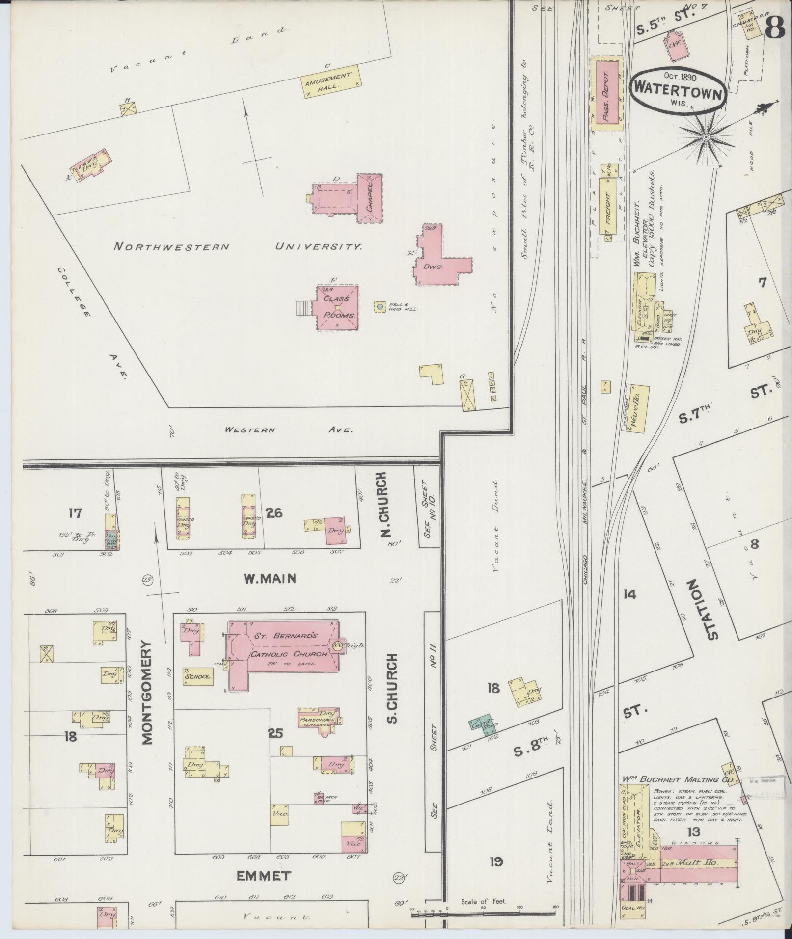 Sanborn Fire Insurance Map from Watertown, Jefferson County, Wisconsin (1890), Sheet #0008 - Historic Sanborn Fire Insurance Map Print, vintage old map wall art, antique decor, genealogy gift, Wisconsin Wisconsin map