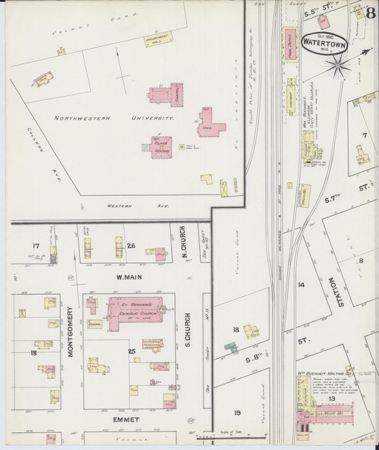 Sanborn Fire Insurance Map from Watertown, Jefferson County, Wisconsin (1890), Sheet #0008 - Historic Sanborn Fire Insurance Map Print, vintage old map wall art, antique decor, genealogy gift, Wisconsin Wisconsin map