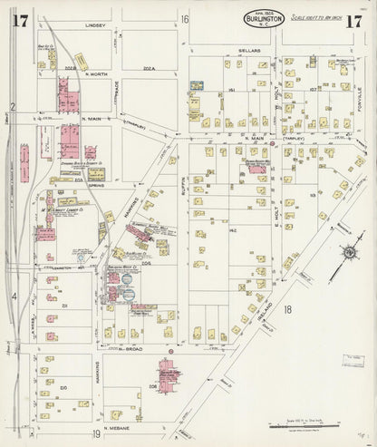 Sanborn Fire Insurance Map from Burlington, Alamance County, North Carolina (1924), Sheet #0017 - Historic Sanborn Fire Insurance Map Print, vintage old map wall art, antique decor, genealogy gift, North Carolina North Carolina map