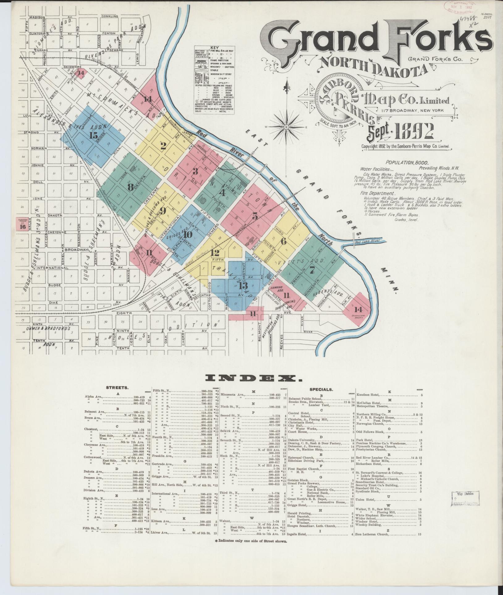 Sanborn Fire Insurance Map from Grand Forks, Grand Forks County, North Dakota (1892), Sheet #0001 - Complete Map Set gallery image, historic Sanborn map, vintage wall art, North Dakota North Dakota