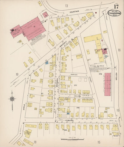 Sanborn Fire Insurance Map from Framingham, Middlesex County, Massachusetts (1922), Sheet #0017 - Historic Sanborn Fire Insurance Map Print, vintage old map wall art, antique decor, genealogy gift, Massachusetts Massachusetts map