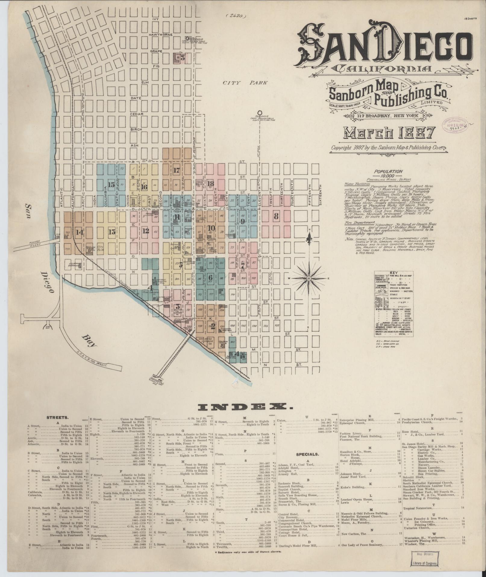 Sanborn Fire Insurance Map from San Diego, San Diego County, California (1887), Sheet #0001 - Complete Map Set gallery image, historic Sanborn map, vintage wall art, California California