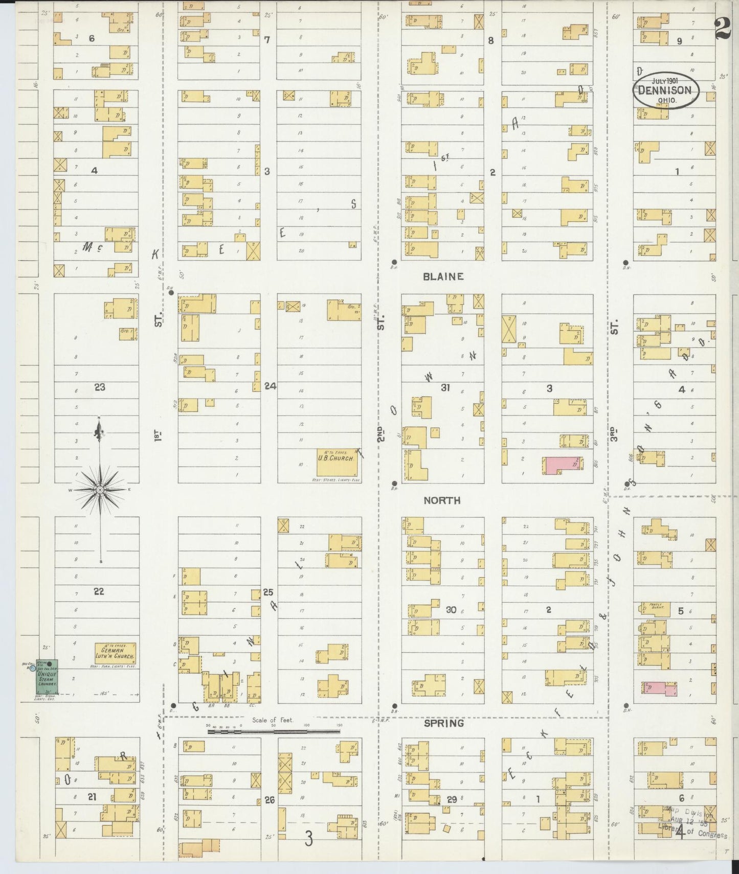 Sanborn Fire Insurance Map from Dennison, Tuscarawas County, Ohio (1901), Sheet #0002 - Historic Sanborn Fire Insurance Map Print, vintage old map wall art, antique decor, genealogy gift, Ohio Ohio map