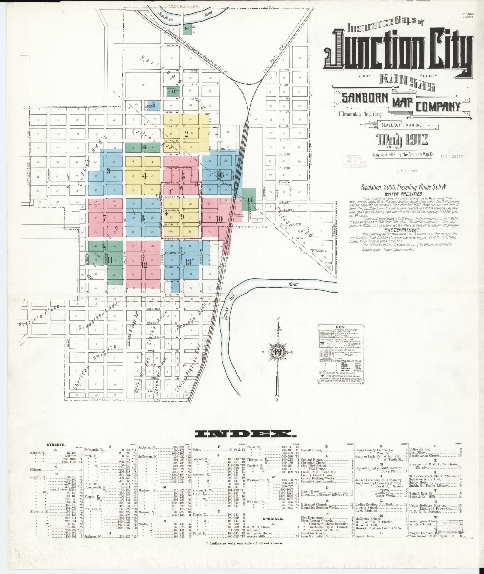 Sanborn Fire Insurance Map from Junction City, Geary County, Kansas (1912), Sheet #0001 - Complete Map Set gallery image, historic Sanborn map, vintage wall art, Kansas Kansas