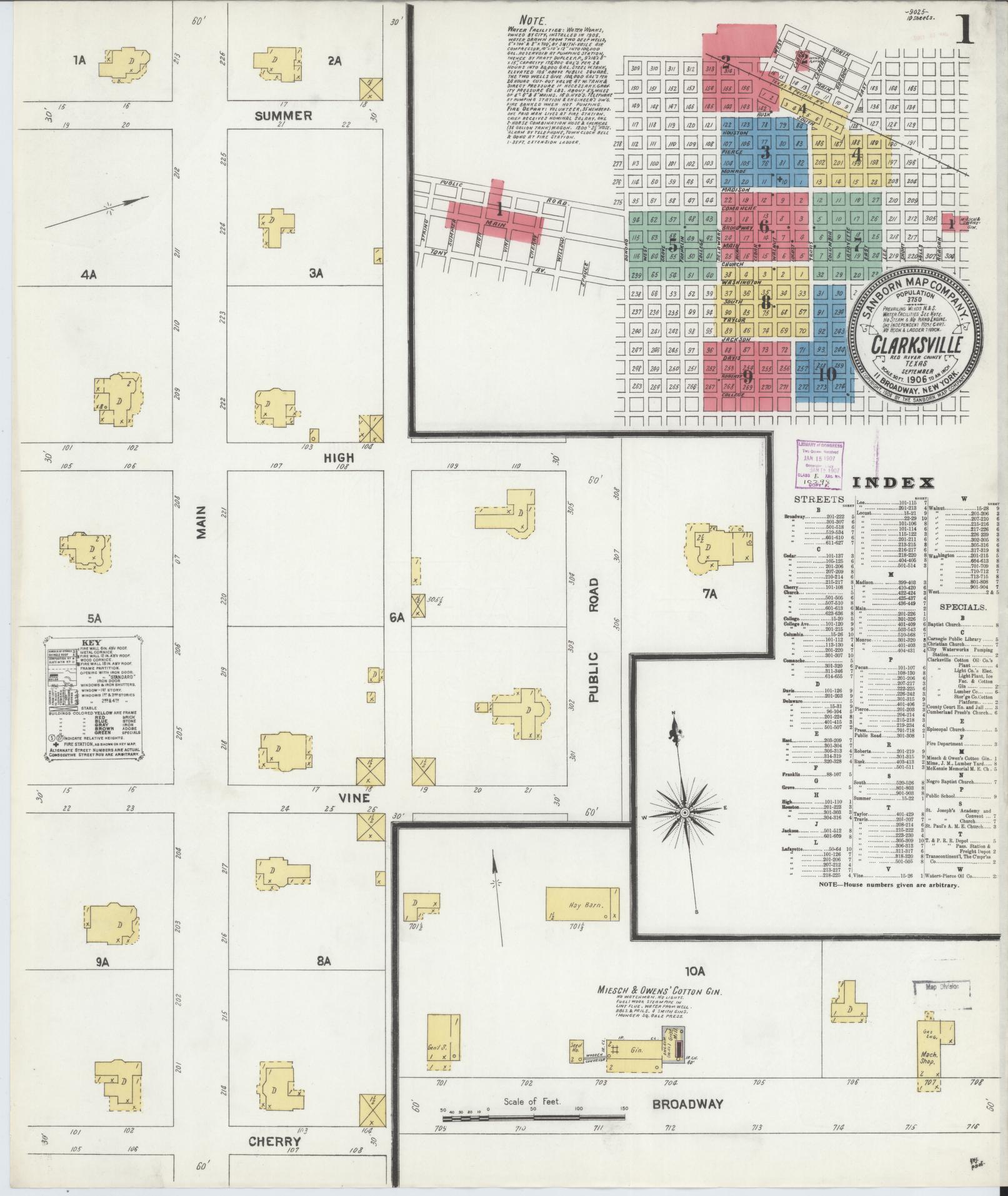 Sanborn Fire Insurance Map from Clarksville, Red River County, Texas (1906), Sheet #0001 - Complete Map Set gallery image, historic Sanborn map, vintage wall art, Texas Texas
