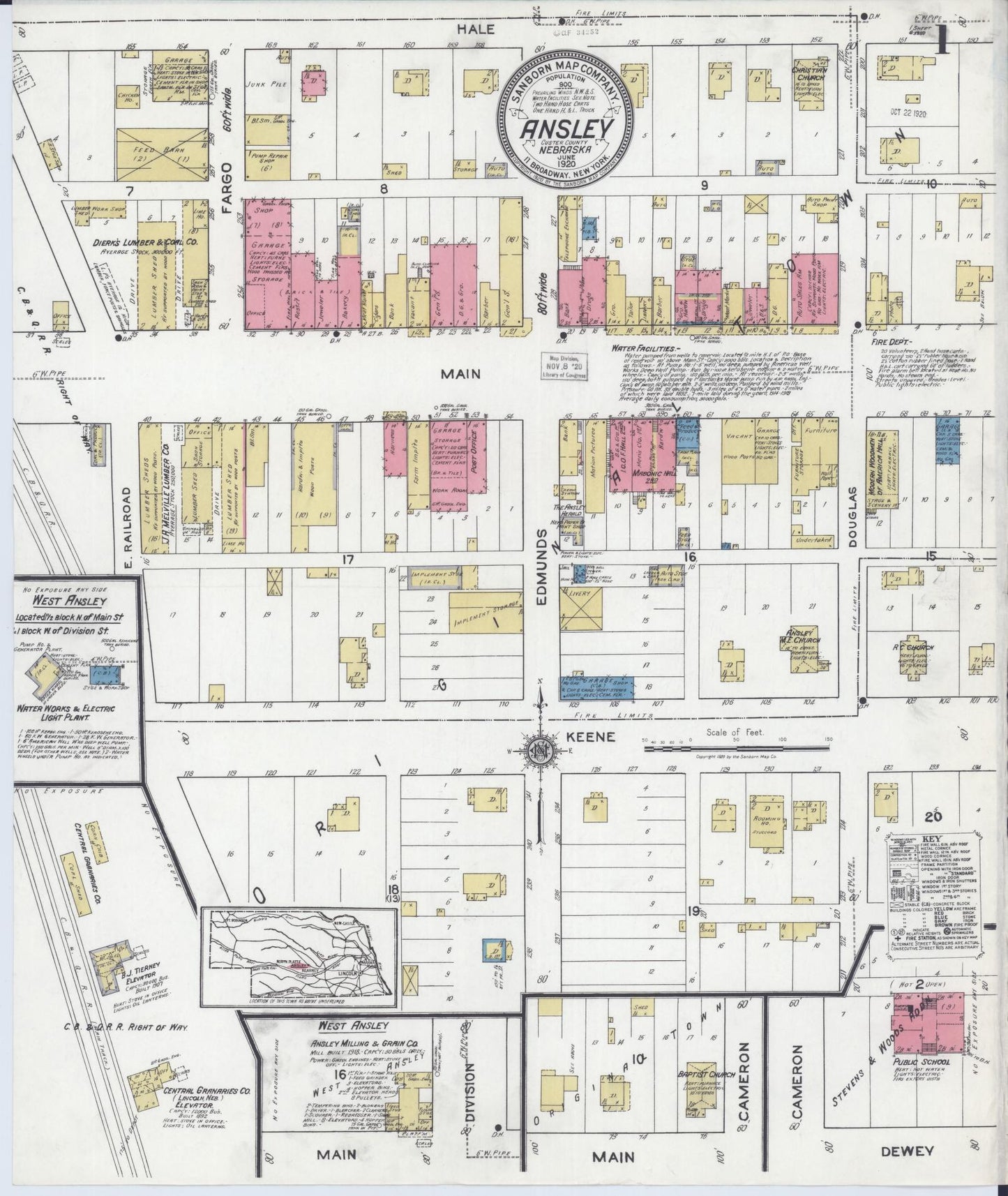 Sanborn Fire Insurance Map from Ansley, Custer County, Nebraska (1920), Sheet #0001 - Historic Sanborn Fire Insurance Map Print, vintage old map wall art, antique decor, genealogy gift, Nebraska Nebraska map