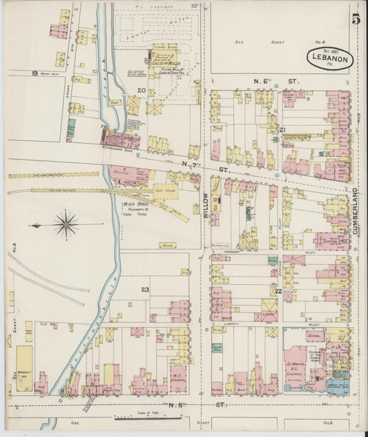 Sanborn Fire Insurance Map from Lebanon, Lebanon County, Pennsylvania (1887), Sheet #0005 - Historic Sanborn Fire Insurance Map Print, vintage old map wall art, antique decor, genealogy gift, Pennsylvania Pennsylvania map