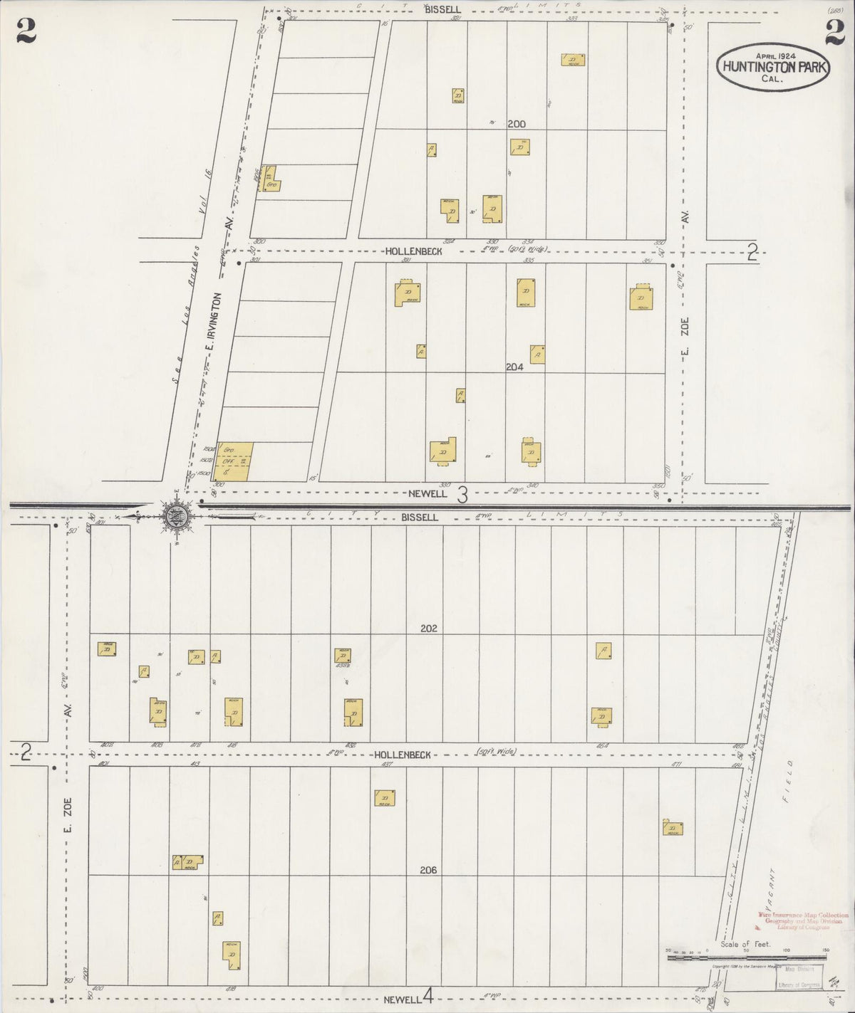 Sanborn Fire Insurance Map from Huntington Park, Los Angeles County, California (1924), Sheet #0002 - Complete Map Set gallery image, historic Sanborn map, vintage wall art, California California