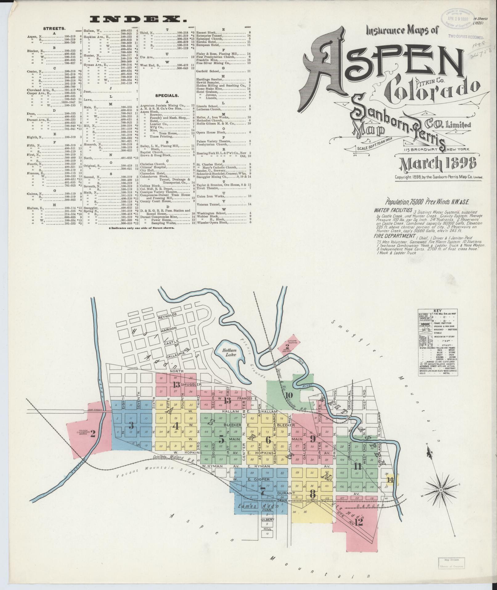 Sanborn Fire Insurance Map from Aspen, Pitkin County, Colorado (1898), Sheet #0001 - Complete Map Set gallery image, historic Sanborn map, vintage wall art, Colorado Colorado