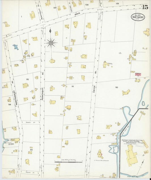 Sanborn Fire Insurance Map from Bay Shore, Suffolk County, New York (1909), Sheet #0015 - Historic Sanborn Fire Insurance Map Print, vintage old map wall art, antique decor, genealogy gift, New York New York map