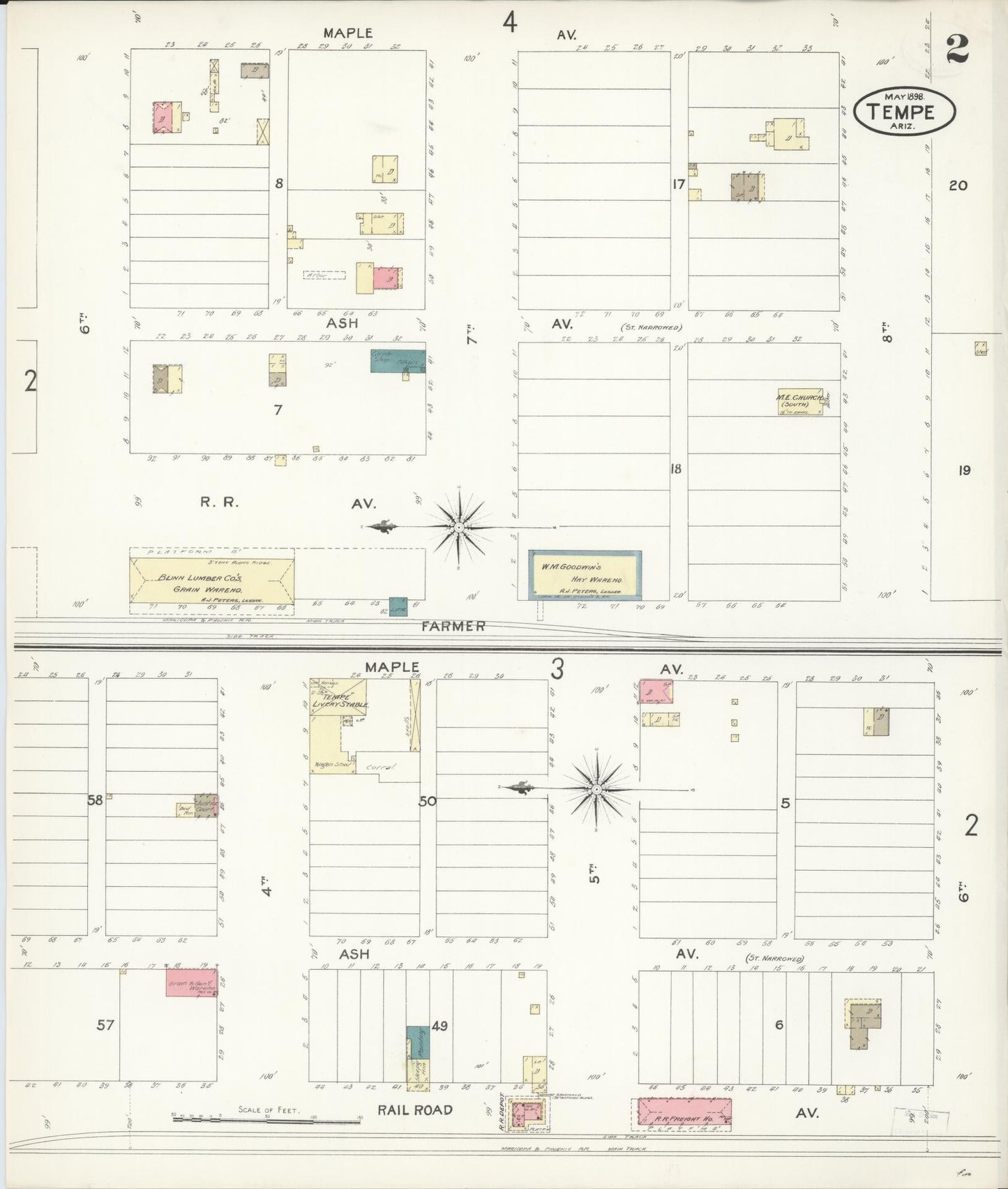 Sanborn Fire Insurance Map from Tempe, Maricopa County, Arizona (1898), Sheet #0002 - Complete Map Set gallery image, historic Sanborn map, vintage wall art, Arizona Arizona