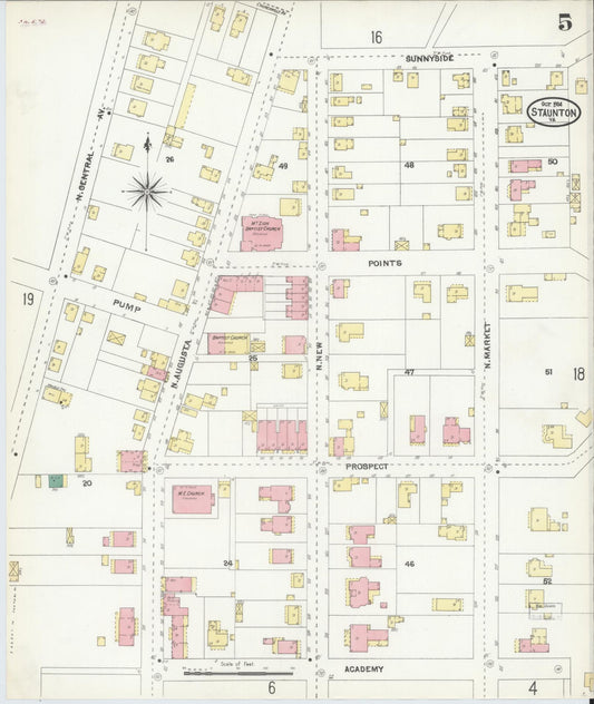 Sanborn Fire Insurance Map from Staunton, Independent Cities, Virginia (1904), Sheet #0005 - Historic Sanborn Fire Insurance Map Print, vintage old map wall art, antique decor, genealogy gift, Virginia Virginia map