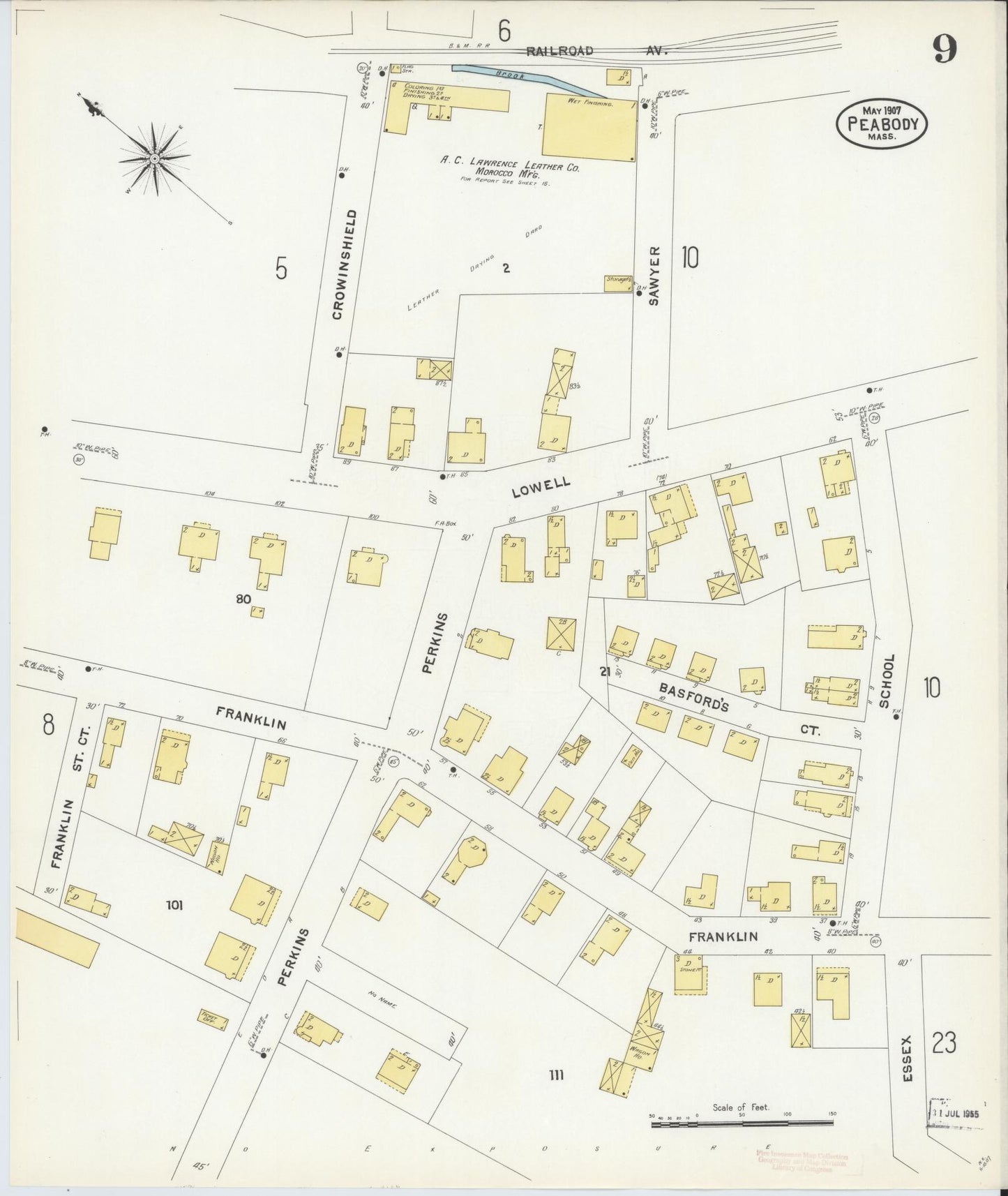 Sanborn Fire Insurance Map from Peabody, Essex County, Massachusetts (1907), Sheet #0009 - Complete Map Set gallery image, historic Sanborn map, vintage wall art, Massachusetts Massachusetts