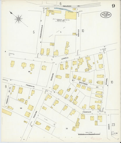 Sanborn Fire Insurance Map from Peabody, Essex County, Massachusetts (1907), Sheet #0009 - Complete Map Set gallery image, historic Sanborn map, vintage wall art, Massachusetts Massachusetts