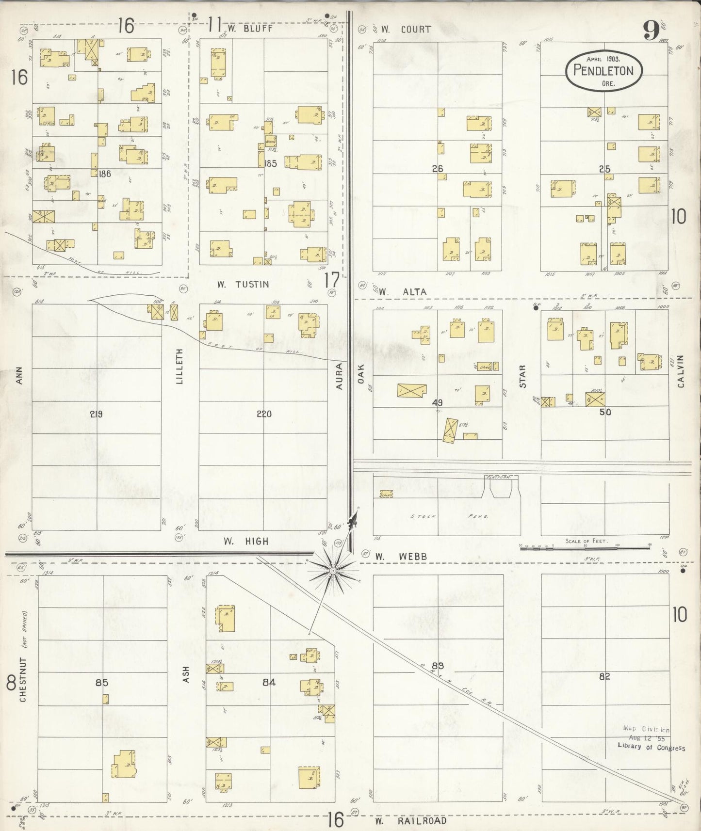 Sanborn Fire Insurance Map from Pendleton, Umatilla County, Oregon (1903), Sheet #0009 - Complete Map Set gallery image, historic Sanborn map, vintage wall art, Oregon Oregon