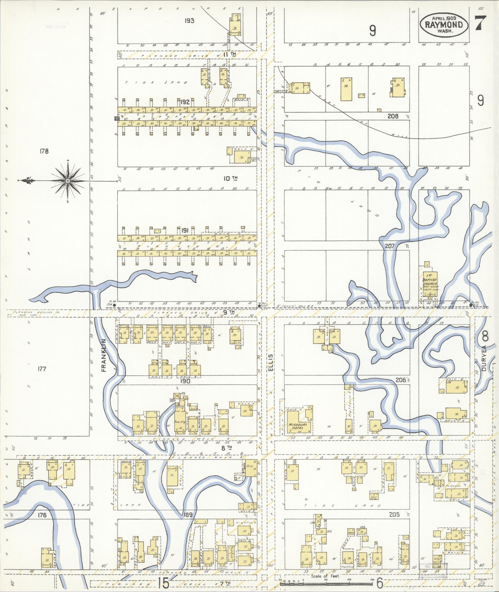 Sanborn Fire Insurance Map from Raymond, Pacific County, Washington (1909), Sheet #0007 - Historic Sanborn Fire Insurance Map Print, vintage old map wall art, antique decor, genealogy gift, Washington Washington map