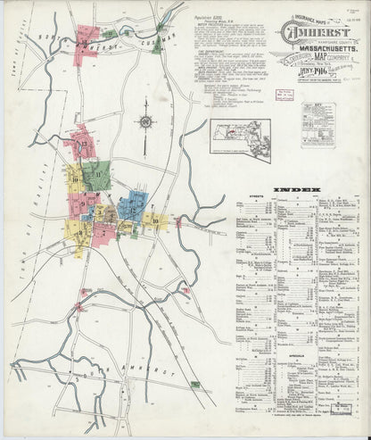 Sanborn Fire Insurance Map from Amherst, Hampshire County, Massachusetts (1916), Sheet #0001 - Historic Sanborn Fire Insurance Map Print, vintage old map wall art, antique decor, genealogy gift, Massachusetts Massachusetts map