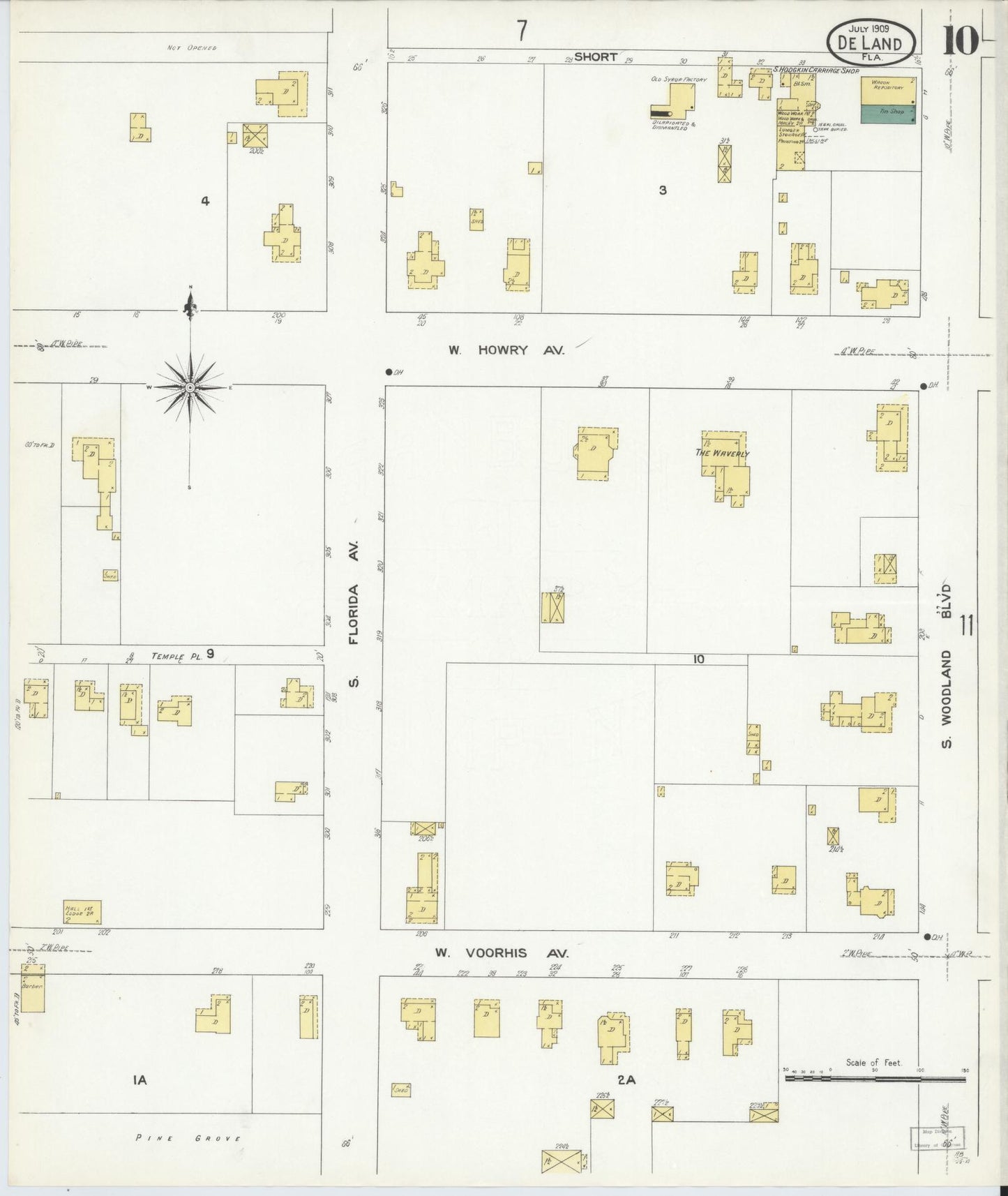 Sanborn Fire Insurance Map from De Land, Volusia County, Florida (1909), Sheet #0010 - Historic Sanborn Fire Insurance Map Print, vintage old map wall art, antique decor, genealogy gift, Florida Florida map