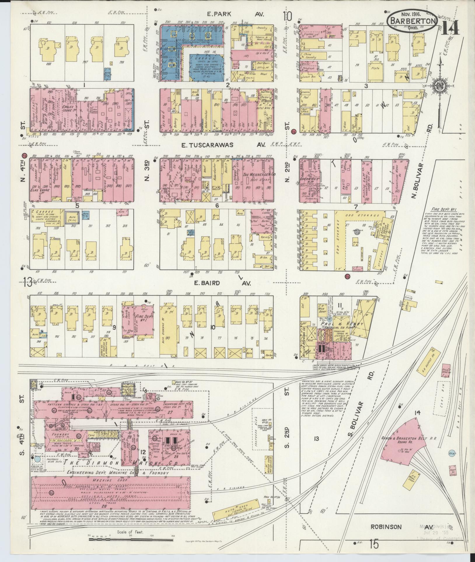 Sanborn Fire Insurance Map from Barberton, Summit County, Ohio (1916), Sheet #0014 - Historic Sanborn Fire Insurance Map Print, vintage old map wall art, antique decor, genealogy gift, Ohio Ohio map