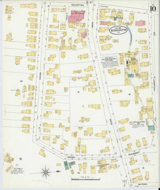 Sanborn Fire Insurance Map from Bennington, Bennington County, Vermont (1906), Sheet #0010 - Historic Sanborn Fire Insurance Map Print, vintage old map wall art, antique decor, genealogy gift, Vermont Vermont map
