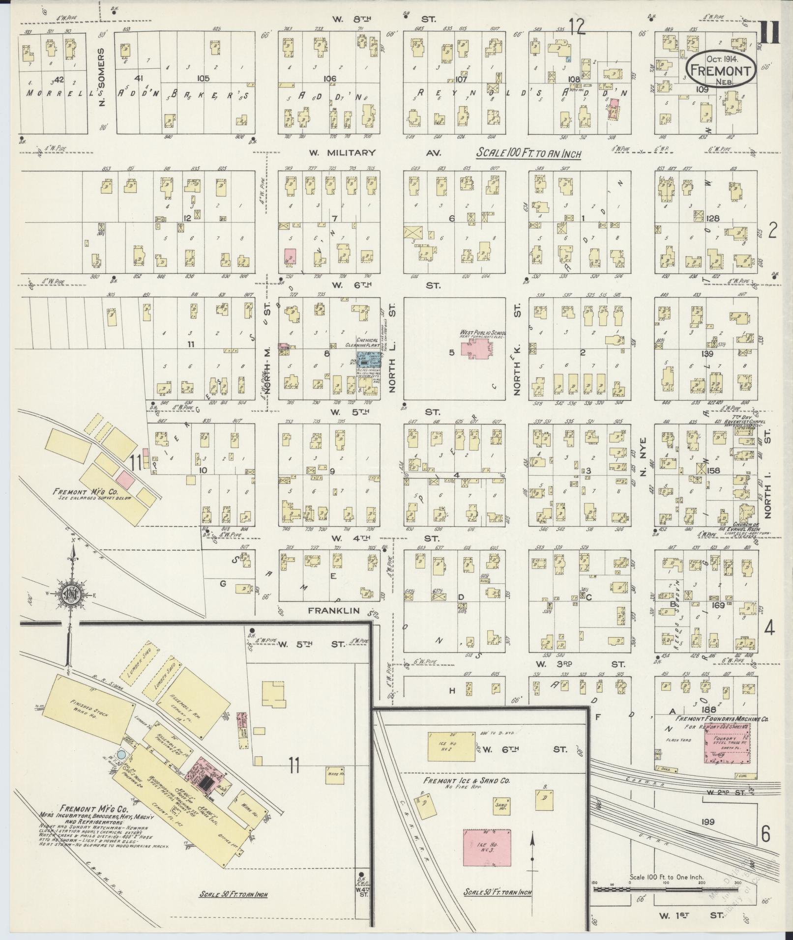 Sanborn Fire Insurance Map from Fremont, Dodge County, Nebraska (1914), Sheet #0011 - Historic Sanborn Fire Insurance Map Print, vintage old map wall art, antique decor, genealogy gift, Nebraska Nebraska map