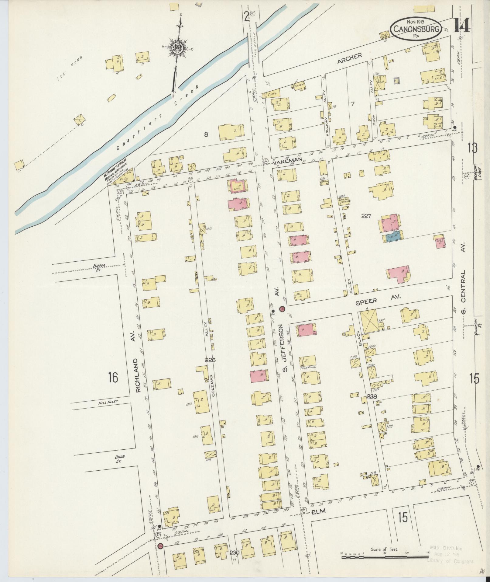 Sanborn Fire Insurance Map from Canonsburg, Washington County, Pennsylvania (1913), Sheet #0014 - Historic Sanborn Fire Insurance Map Print, vintage old map wall art, antique decor, genealogy gift, Pennsylvania Pennsylvania map