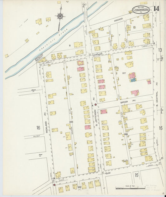 Sanborn Fire Insurance Map from Canonsburg, Washington County, Pennsylvania (1913), Sheet #0014 - Historic Sanborn Fire Insurance Map Print, vintage old map wall art, antique decor, genealogy gift, Pennsylvania Pennsylvania map