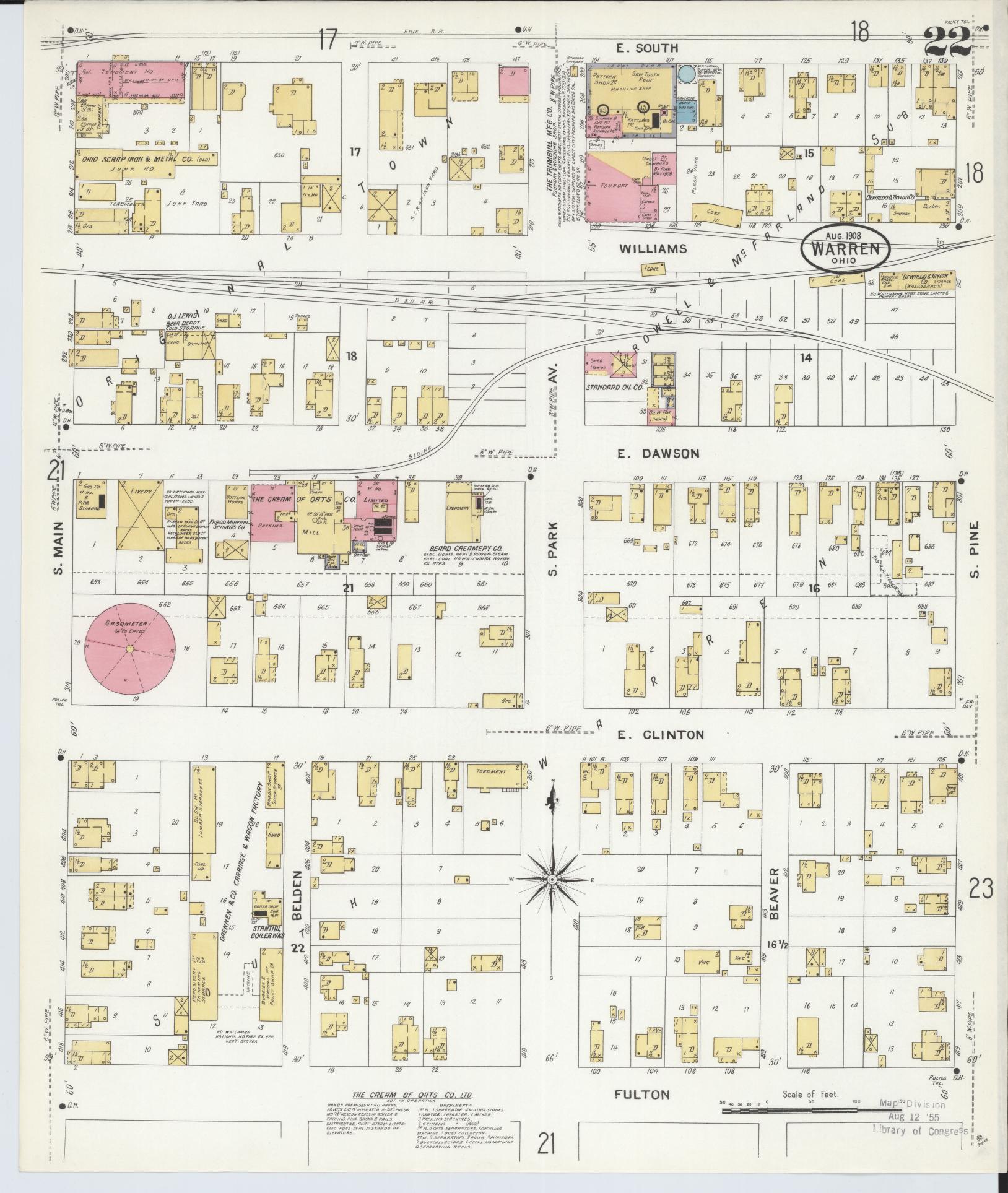 Sanborn Fire Insurance Map from Warren, Trumbull County, Ohio (1908), Sheet #0022 - Historic Sanborn Fire Insurance Map Print, vintage old map wall art, antique decor, genealogy gift, Ohio Ohio map