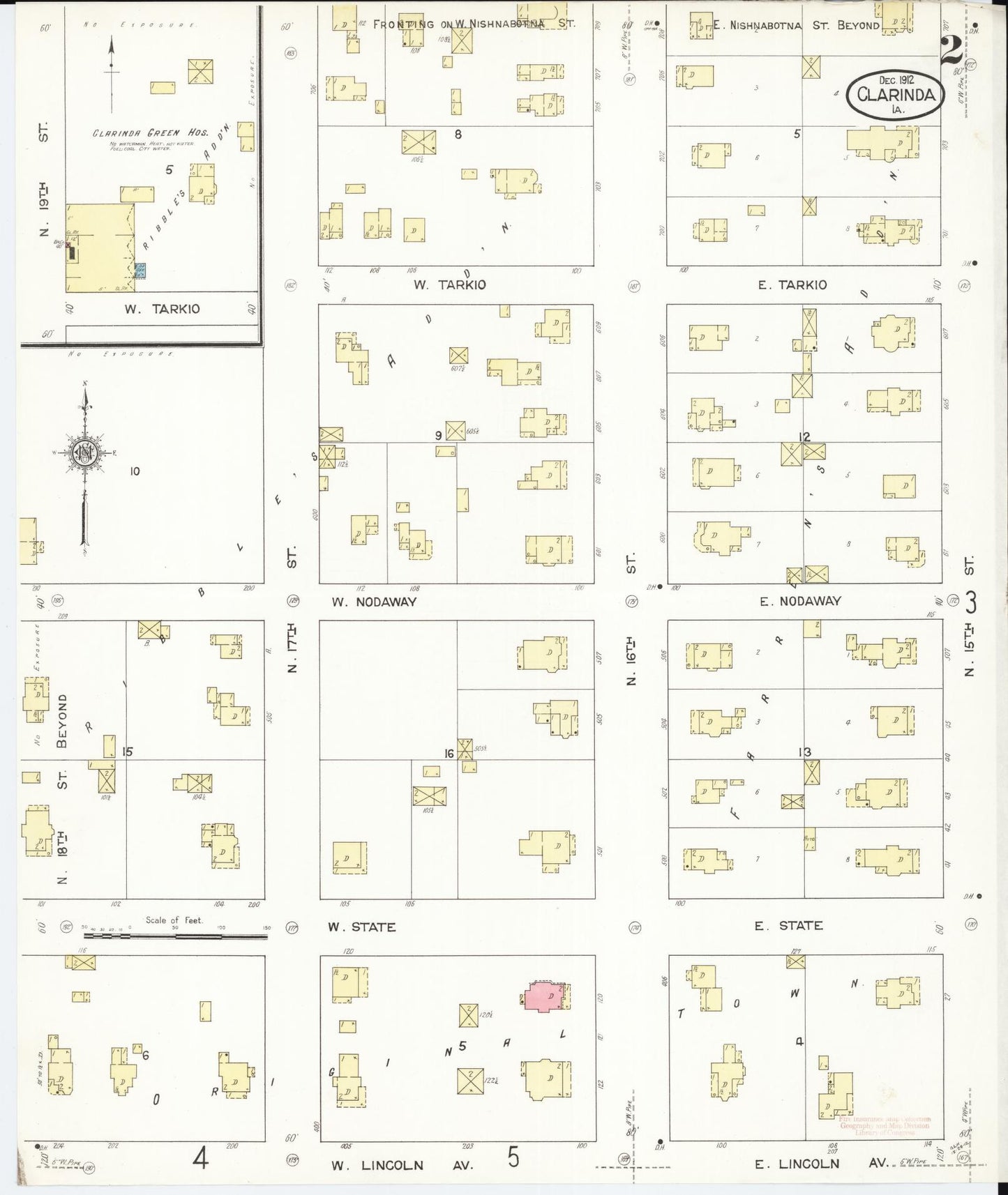 Sanborn Fire Insurance Map from Clarinda, Page County, Iowa (1912), Sheet #0002 - Historic Sanborn Fire Insurance Map Print, vintage old map wall art