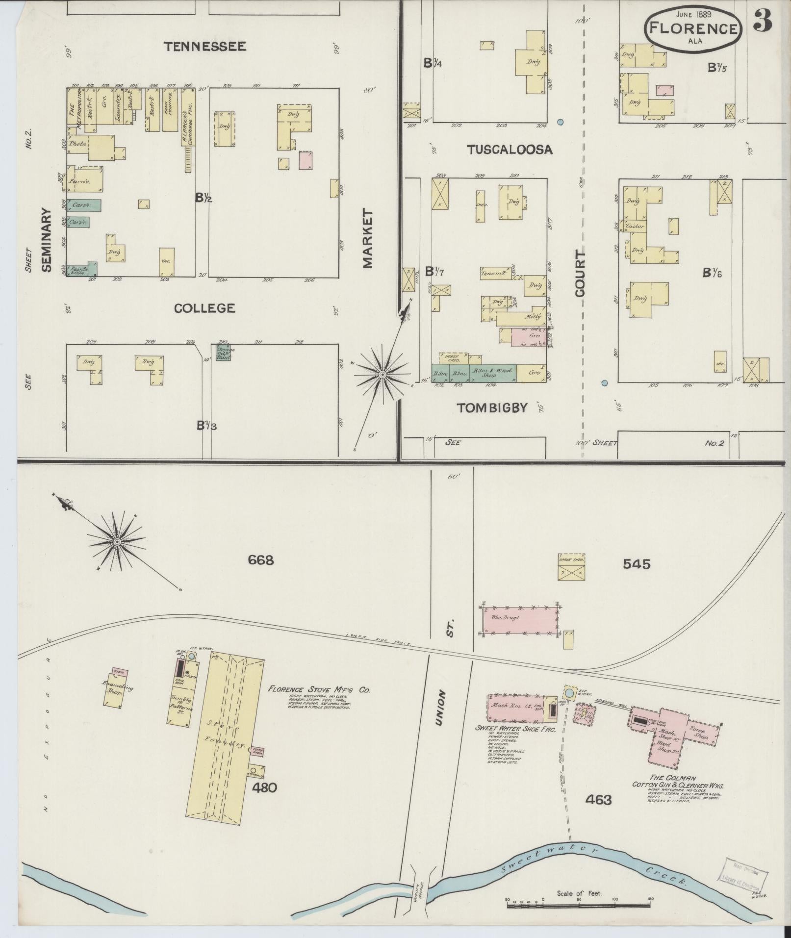 Sanborn Fire Insurance Map from Florence, Lauderdale County, Alabama (1889), Sheet #0003 - Complete Map Set gallery image, historic Sanborn map, vintage wall art, Alabama Alabama