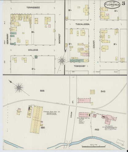 Sanborn Fire Insurance Map from Florence, Lauderdale County, Alabama (1889), Sheet #0003 - Complete Map Set gallery image, historic Sanborn map, vintage wall art, Alabama Alabama