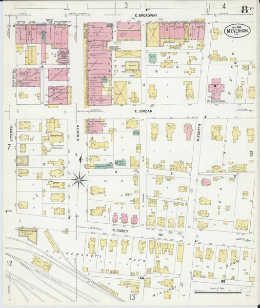 Sanborn Fire Insurance Map from Mount Vernon, Jefferson County, Illinois (1908), Sheet #0008 - Historic Sanborn Fire Insurance Map Print, vintage old map wall art, antique decor, genealogy gift, Illinois Illinois map